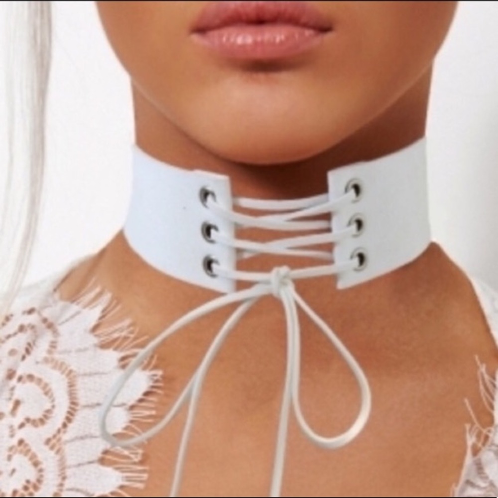 White wide lace up choker